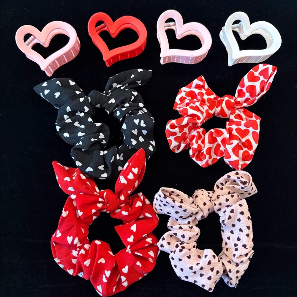 Valentine’s Day themed-Heart Pattern Scrunchies and Heart Shaped Hair Claw clip